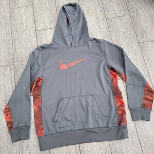 Nike Therma-FIT Boys Gray Orange Hooded Pullover Sweatshirt Size XL